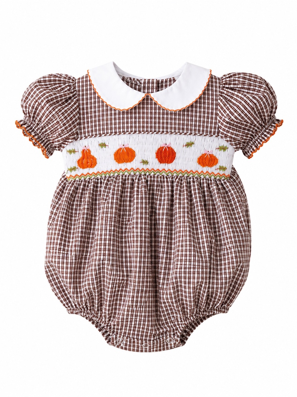 Lulu Bebe Smocked Pumpkin Bubble Romper Brown Gingham Peter Pan Collar 6M